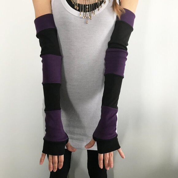 ORGANIC COTTON Long Striped Gloves Purple Hand Warmers Black Armwarmer Patchwork - Picture 4 of 5